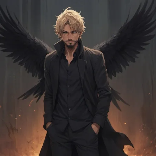 Prompt: Anime style, Strong looking, Human character, magical, otherworldly, wraith, crow, shaggy/messy dirty blonde hair, short beard and goatee, black button up shirt untucked and unbuttoned, coat is made of crows feathers, black pants, standing in the underworld, sinister smug smile