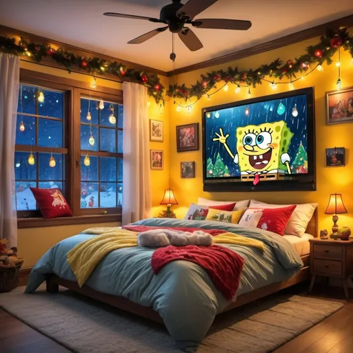 Prompt: (magical bedroom), TV displaying (SpongeBob cartoons) in fromt of the bed- cozy (autumn vibe),  (soft bed), interior adorned with (twinkling Christmas lights), but NO CHRISTMAS TREE- vibrant colors throughout the room, (one side made of glass) showcasing a rainy outdoor scene, warm and inviting atmosphere, soft plush pillows, ultra-detailed, high quality