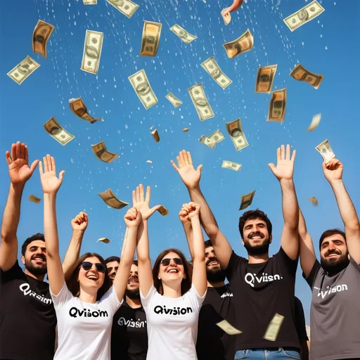 Prompt: Happy Iranian and German men and women wearing t-shirts with Qvision written on them, holding hands, taking a lot of dollars, raining from the sky.