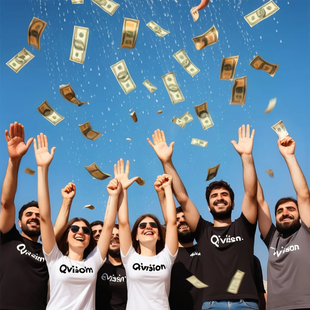 Prompt: Happy Iranian and German men and women wearing t-shirts with Qvision written on them, holding hands, taking a lot of dollars, raining from the sky.