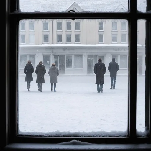 Prompt: looking through a frosted window at sad people walking in the snow covered pavements