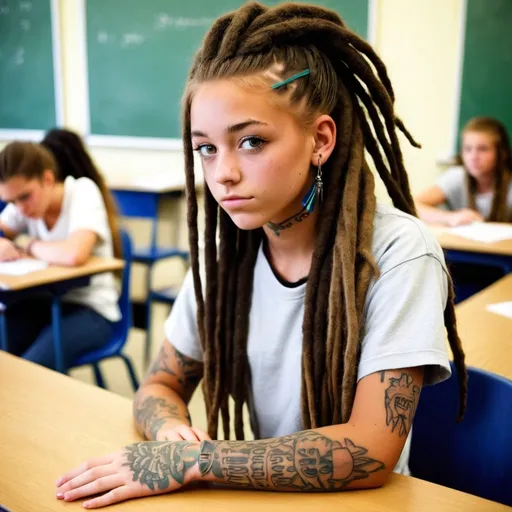 Prompt: girl, 17, in classroom, dreadlocks, tan, tattoo