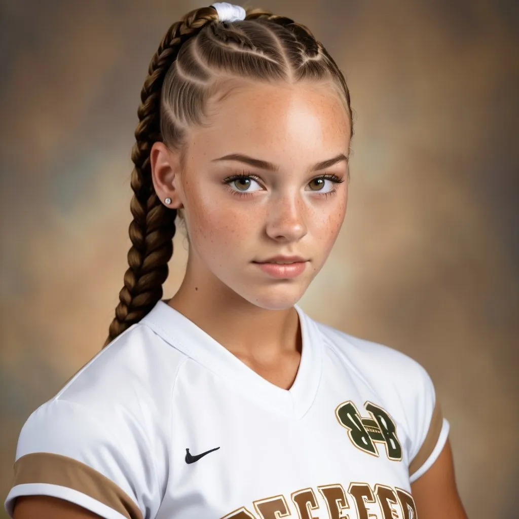 Prompt: woman of 18, cornrows, white, tan, freckles, cheerleader uniform