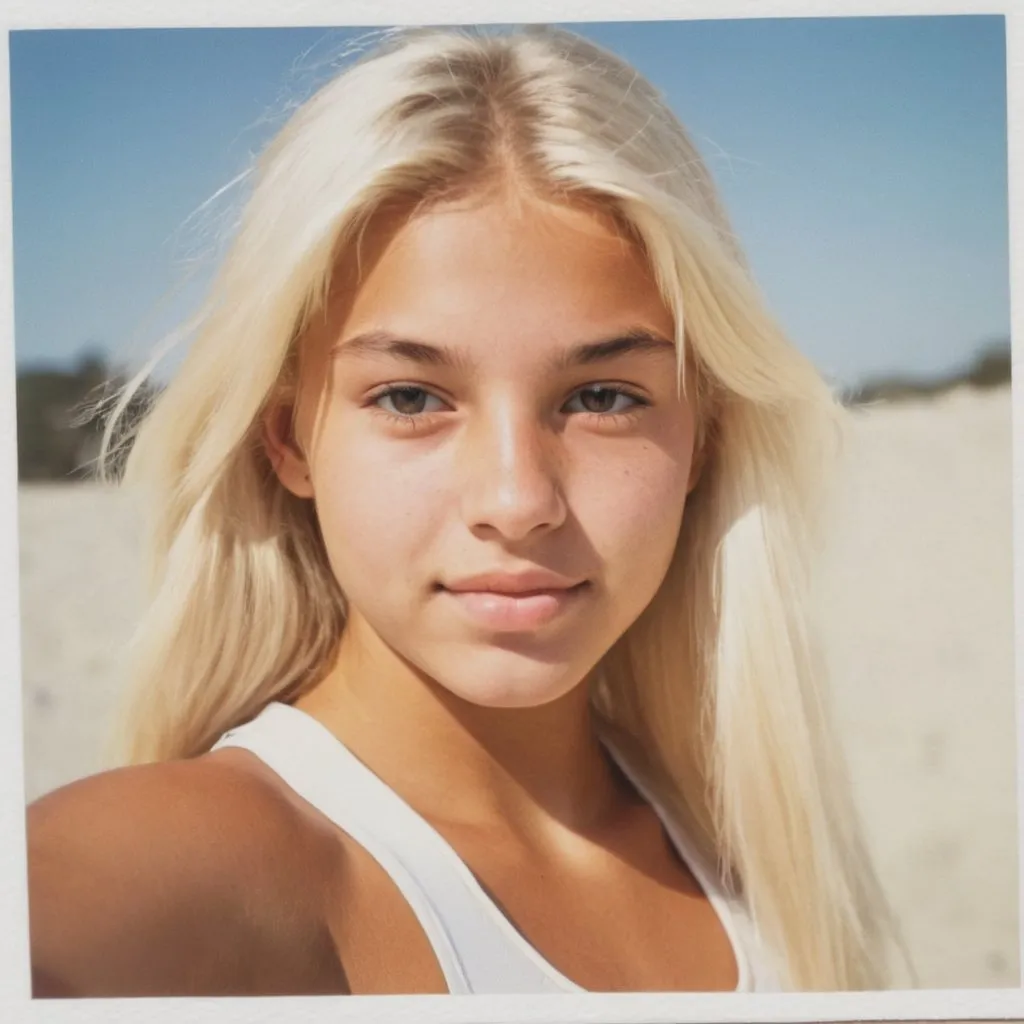 Prompt: polaroid photo of girl, 16, white , blonde hair, tan, athletic