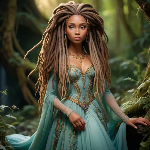 Prompt: beautiful enchanted princess, dreadlocks, long flowing gown