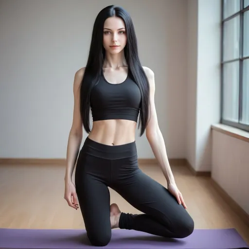 Prompt: Lovely girl with long black hair, thin, dressed in yoga outfit