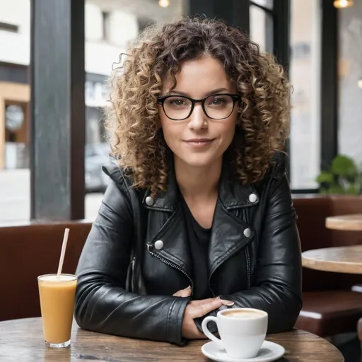 Prompt: woman sitting in cafe, 40, curly hair, glasses, leather jacket