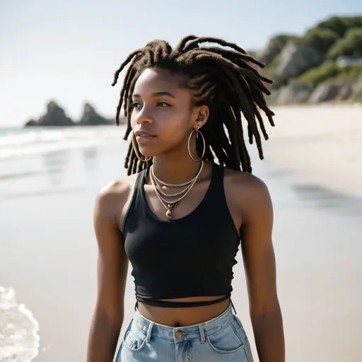 Prompt: black woman, 20, dreadlocks, on beach, hoop earrings