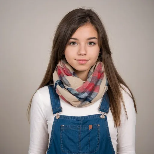 Prompt: short brunette, overalls, 17, tan, wearing scarf