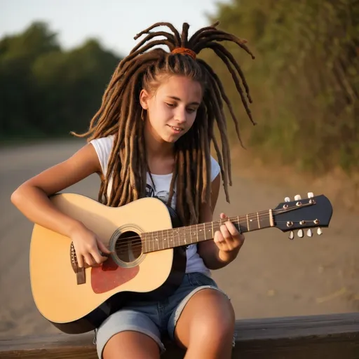 Prompt: Teenage girl, dreadlocks, tans, playing guitar