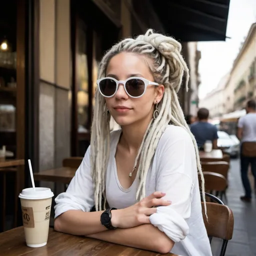 Prompt: Woman of 19, cafe in Milan, white, dreadlocks, wraparound sunglasses