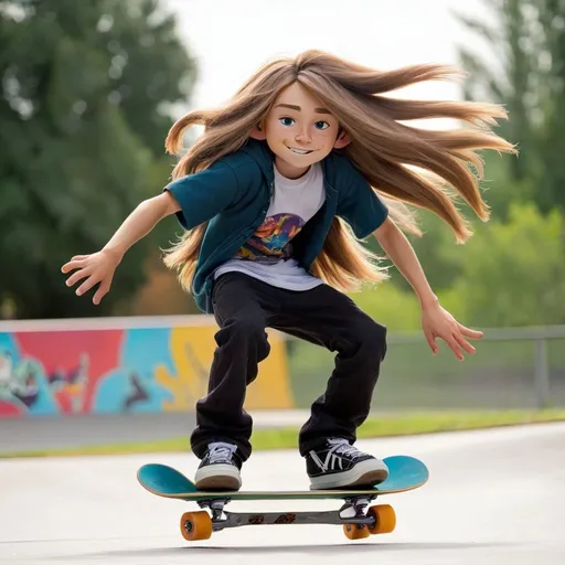 Prompt: boy with long hair riding skatebaord