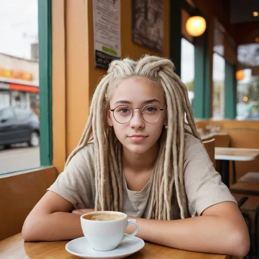 Prompt: Blonde girl, 17, dreadlocks, sitting at cafe, granny glasses, tan
