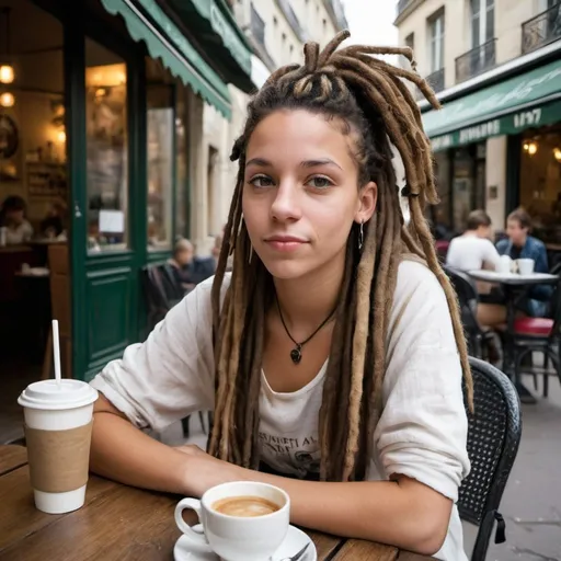 Prompt: woman of 21, white, cafe in Paris, dreadlocks