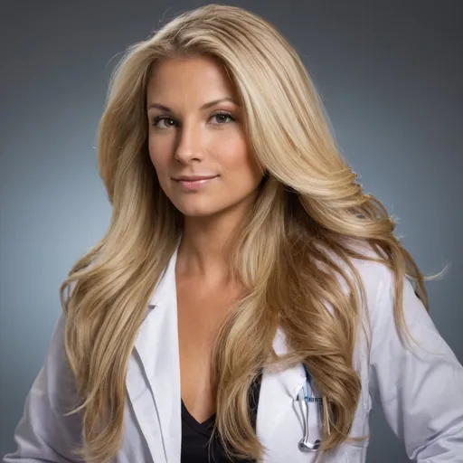 Prompt: woman, 32, blonde, flowing hair, tan, doctor