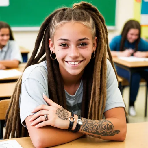 Prompt: girl, 17, in classroom, dreadlocks, tan, tattoo, rings on fingers, smiling