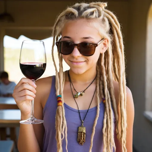 Prompt: 16 year old girl, tan, blonde, dreadlocks, sunglasses, holding wine glass