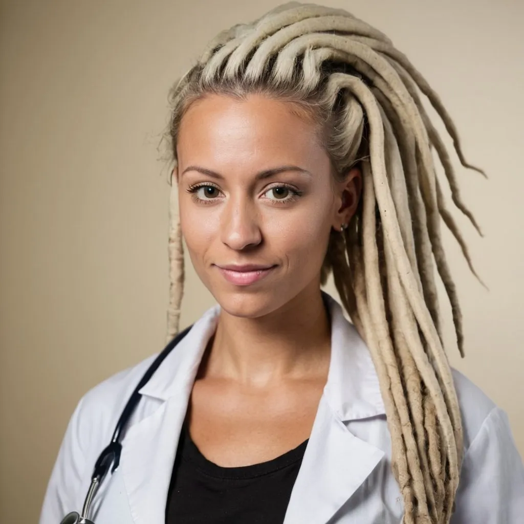 Prompt: woman, 32, blonde, dreadlocks, tan, doctor