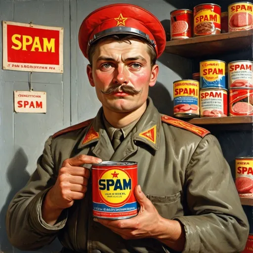 Prompt: Soviet heroic worker holding clearly labelled can of spam constructivist style
