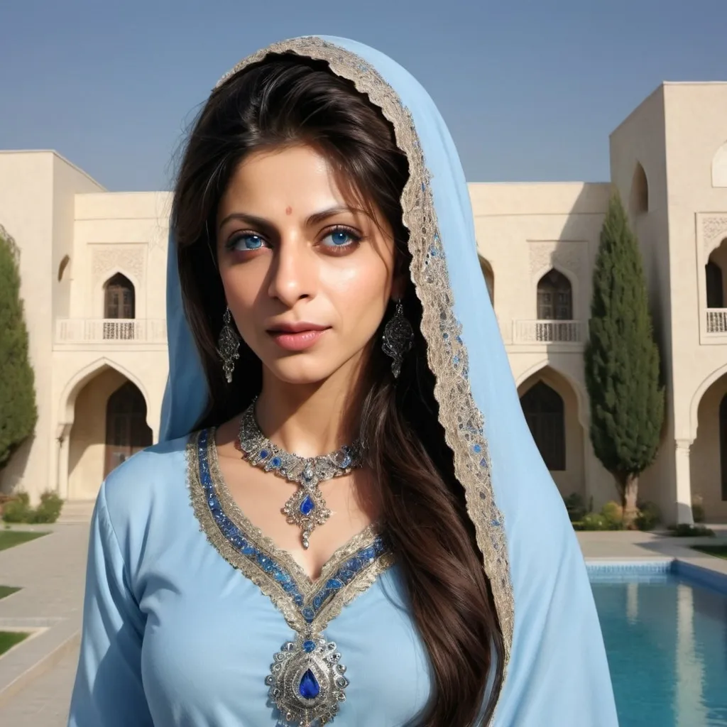 Prompt: Shahrukh khan resamblings as  an iranian beauty , back ground shahrukh khan as a iranian jewel thorne , with baghdad eyes , light blue eyes , and dark blue irises , with same outfit as iranian street cloths , in a modern time , with a modern style , in a studio photoshoot ,  shahrukh khan as a female , iranian girls , background as a iranian house , very realistic , highly detailed , iranian food , and iranian jewels , and iranian clothes , overall a good representation of a iranian beauty ,  back ground as a iranian white mansion , very realistic , highly detailed , real iranian girl , and has a twin sister , both have same outfit , light blue eyes , dark blue irises ,
