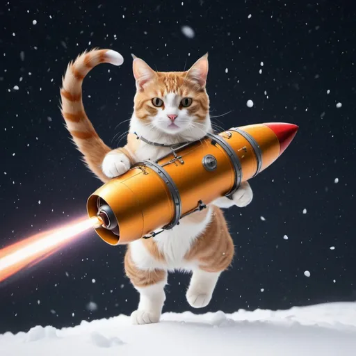 Prompt: Create a cat, with rocket thrusters, orbiting Saturn, in a snow storm
