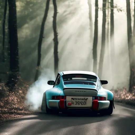 Prompt: create a rolling shot of an RWB porsche doing a burn out in the forrest