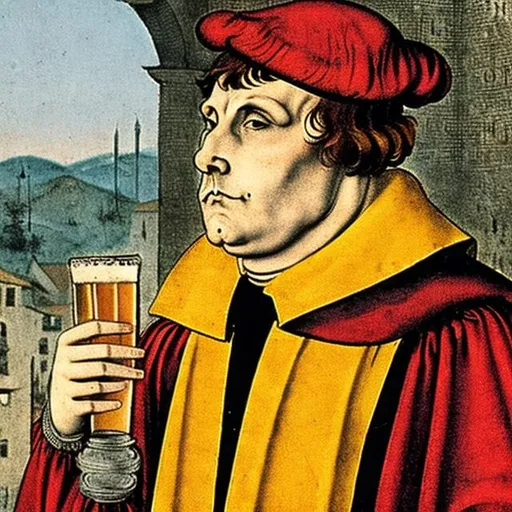 Prompt: 1male, Martin Luther (16th century) enjoying a glass of beer, happy, pub background
