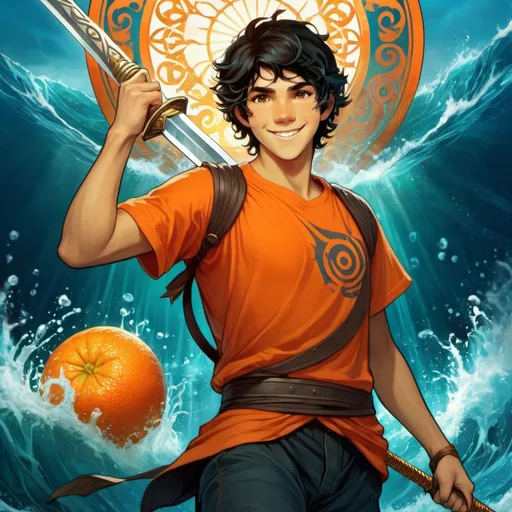 Prompt: 1male, Percy Jackson (character), smiling, happy, holding sword, orange t-shirt, dark hair, epic water background