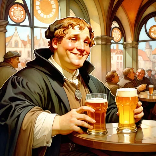 Prompt: 1male, Martin Luther enjoying a glass of beer, happy, (slightly) fat, smiling, pub background