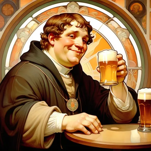 Prompt: 1male, Martin Luther enjoying a glass of beer, happy, (slightly) fat, smiling, pub background