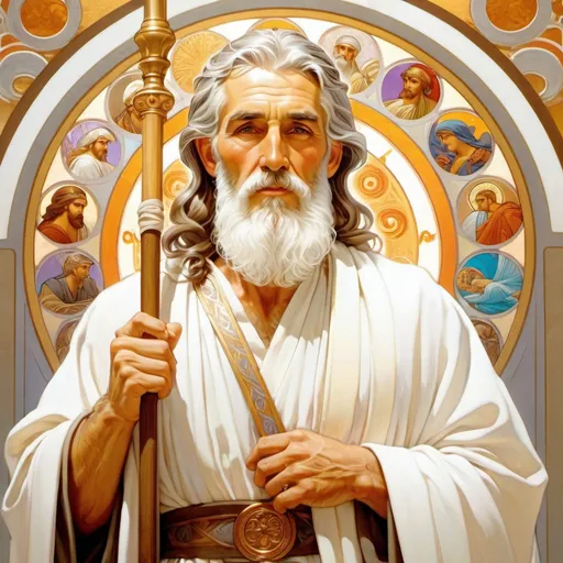 Prompt: Noah (from Bible), 1male (elderly, muscular, fit, bearded, grey hair, grey beard, wearing white robes, fully clothed), Byzantine icon style, bright background, white background, light, good-looking, saintly, staff