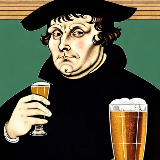 Prompt: 1male, Martin Luther (16th century) enjoying a glass of beer, happy, pub background