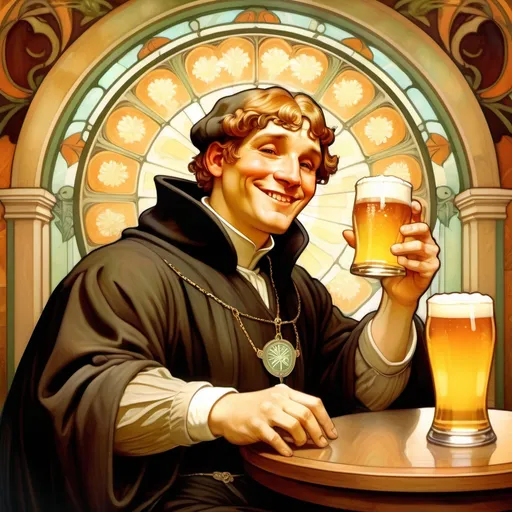 Prompt: 1male, Martin Luther enjoying a glass of beer, happy, smiling, pub background