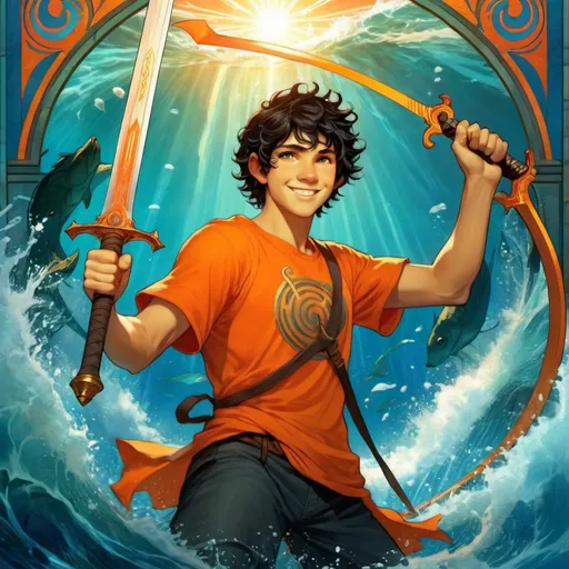 Prompt: 1male, Percy Jackson (character), smiling, happy, holding sword, orange t-shirt, dark hair, epic water background