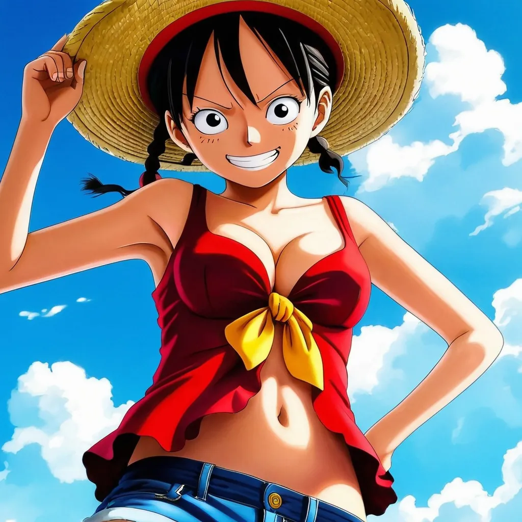 Prompt: one piece luffy as a bold and big girl