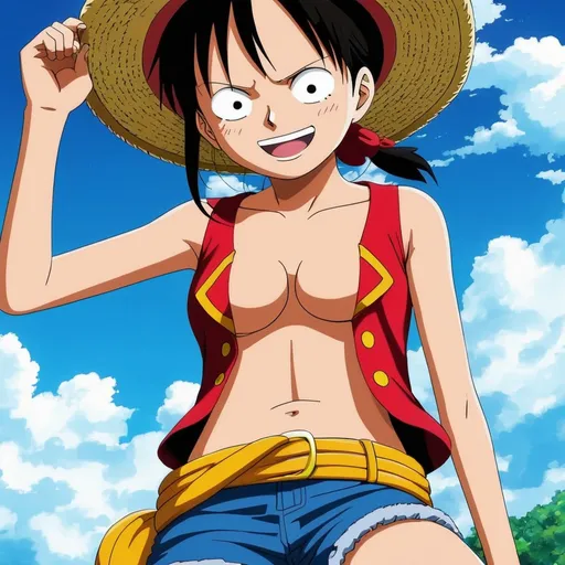 Prompt: one piece luffy as a bold and big girl
