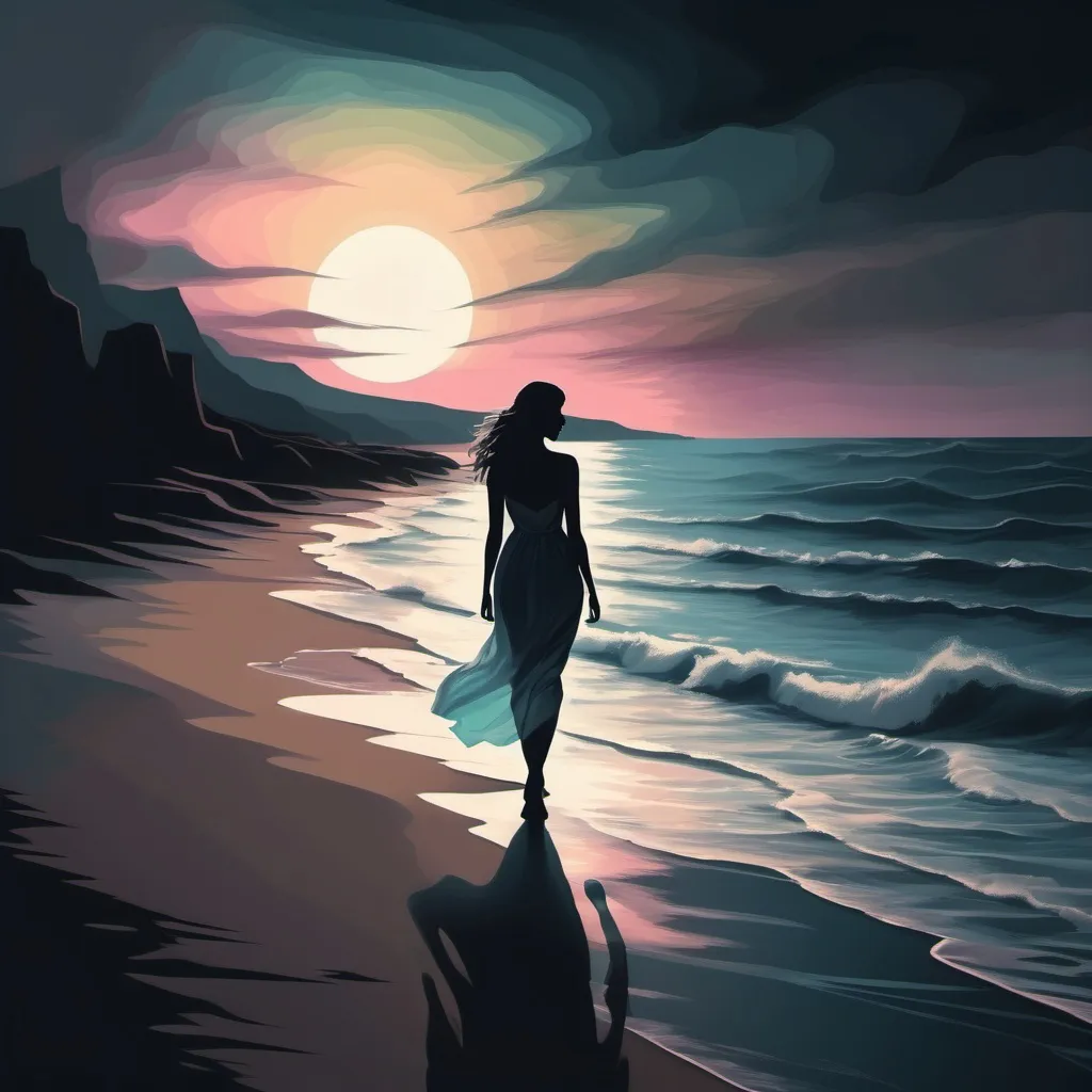 Prompt: Song Graphic Art. In the distance the shadow of a beautiful woman. pastele colors walking along the shore of an ocean entering a dark heaven