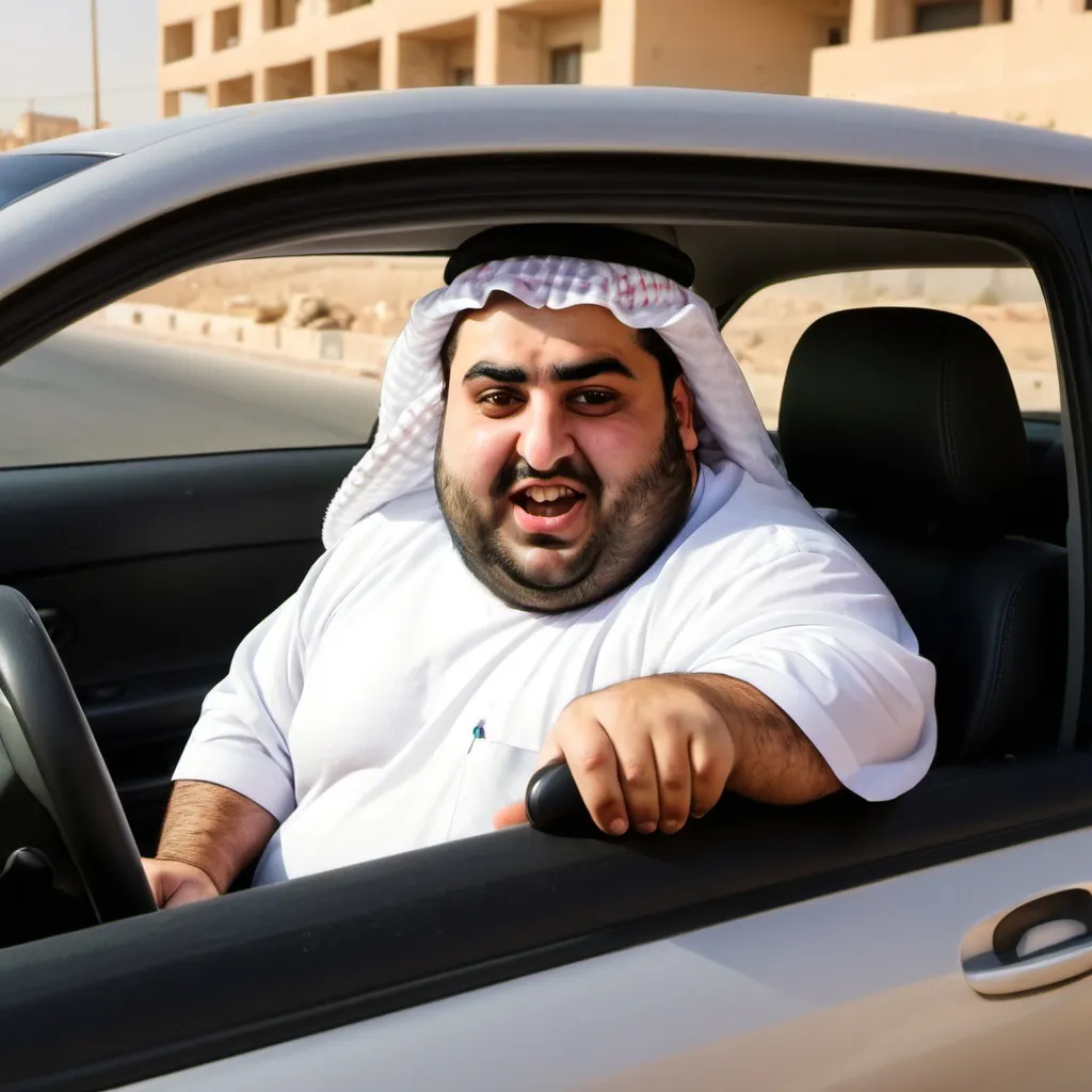 Prompt: FAT arab guy driving in a car

