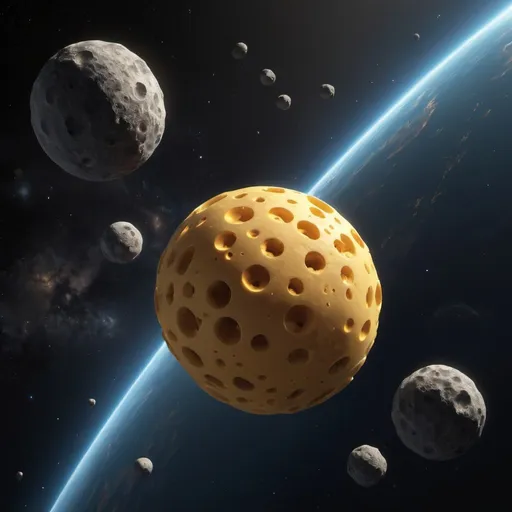 Prompt: A three-dimensional cheese-shaped planet with small asteroids floating around it