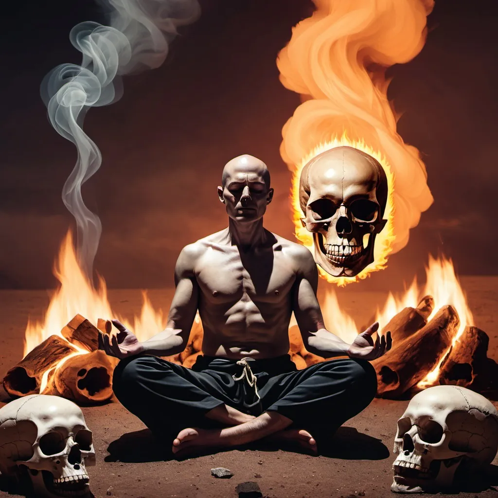 Prompt: A man meditating, with a skull in front of him on the ground, and a large fire behind him