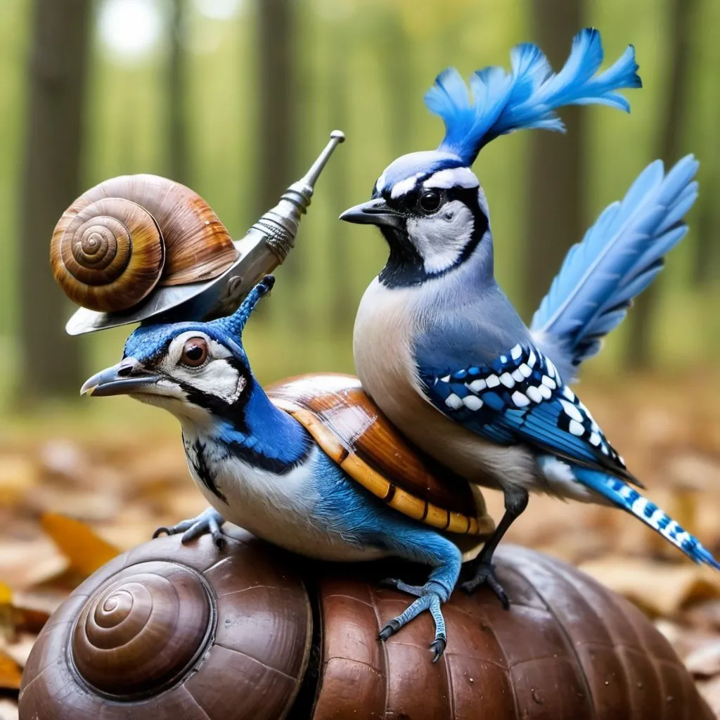 Prompt: A snail riding a blue Jay into battle with armour