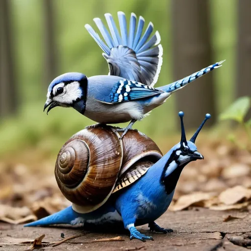 Prompt: A snail riding a blue Jay into battle with armour