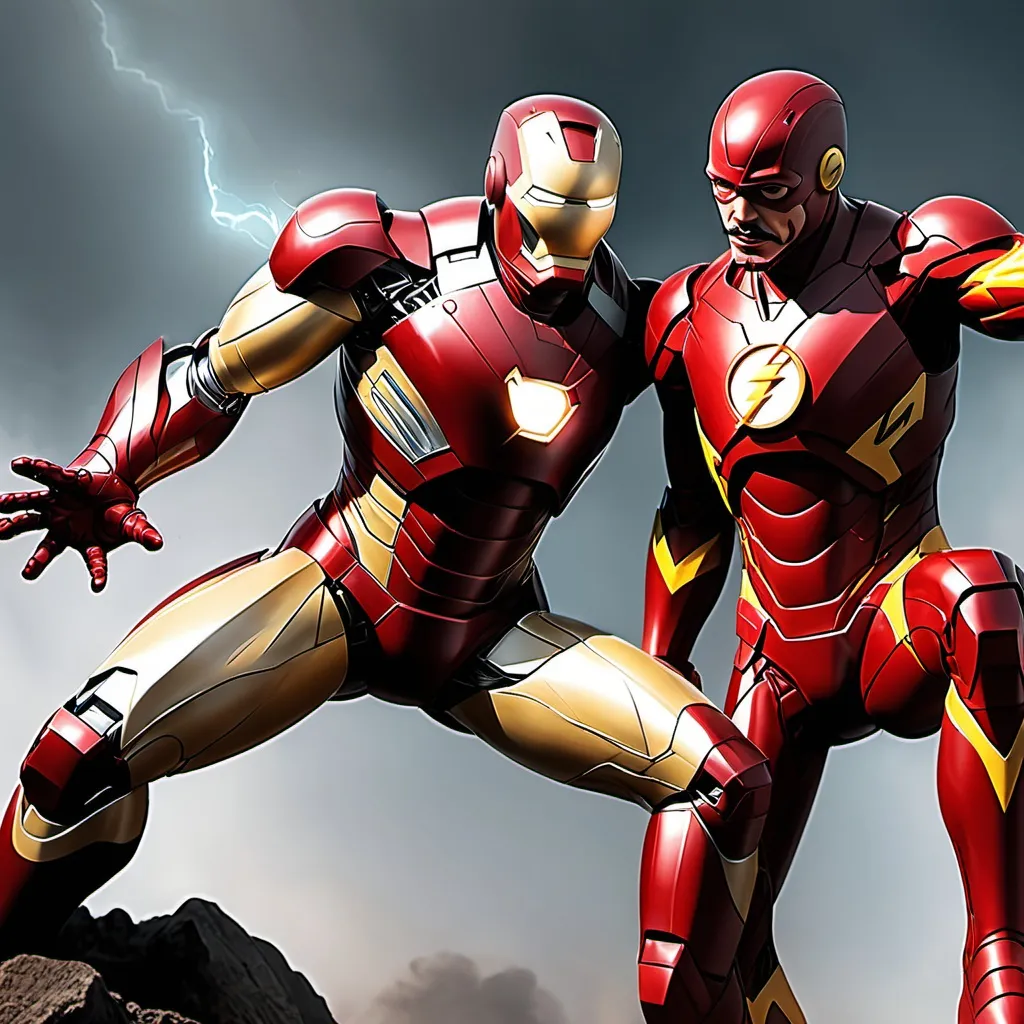 Prompt: show me a pictur of iron man and the flash saving the day but really reslistic





