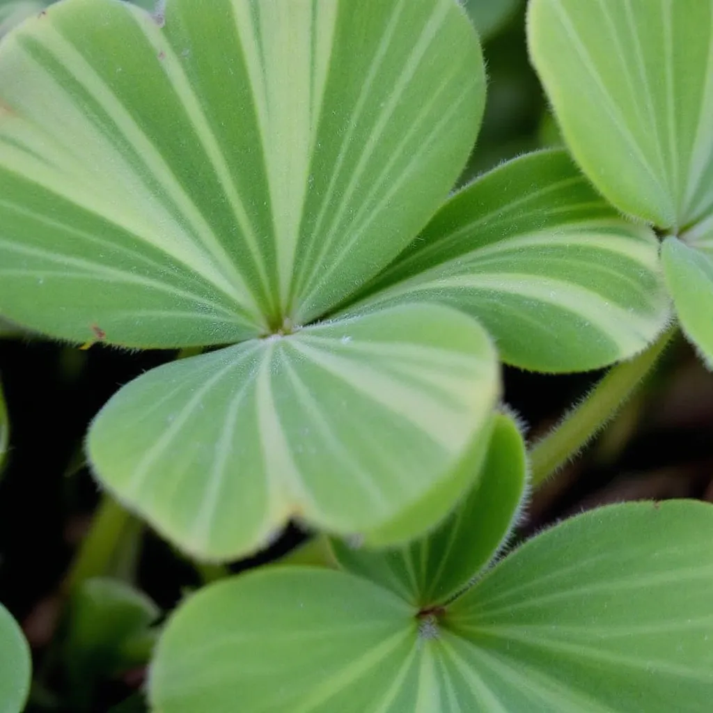 Prompt: Close-up of the two clovers. One has stripes (cyanide- producing), the other is plain