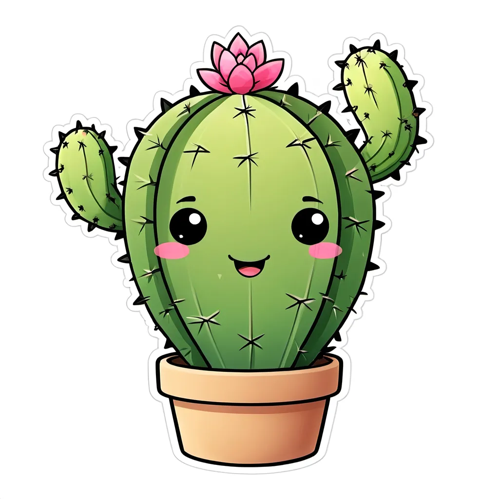 Prompt: Single Kawaii Cactus Clipart on tob , whitebackground