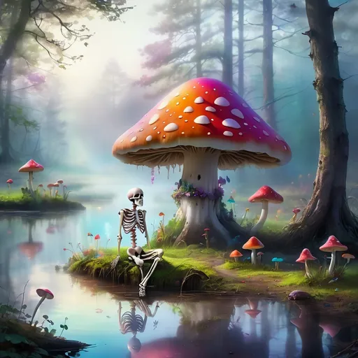 Prompt: (skeleton fog) sitting on a vibrant (colorful mushroom), surrounded by a serene river landscape, ethereal atmosphere, misty ambiance, soft light filtering through trees, delicate water reflections, whimsical feel, enchanting environment, high detail, ultra-detailed, cinematic depth, capturing the surreal contrast of life and death, magical realism, nature's harmony with the fantastical.