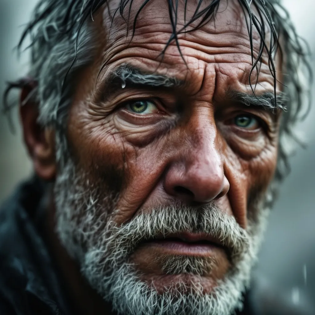 Prompt: Deeply etched lines map the rugged face of an elderly man, his piercing green eyes reflecting a blend of wisdom and sorrow. Salt-and-pepper hair clings to his forehead, dampened perhaps by rain or sweat, adding to his weathered appearance. The background is indistinct and blurred, emphasizing the somber expression on his face, suggesting a story of hardship and resilience. The dim, natural lighting enhances the textures of his skin and beard, creating a striking contrast that draws the viewer's attention to the depth of his gaze. This portrait conveys a profound sense of strength alongside vulnerability, hinting at a life lived with both trials and triumphs.