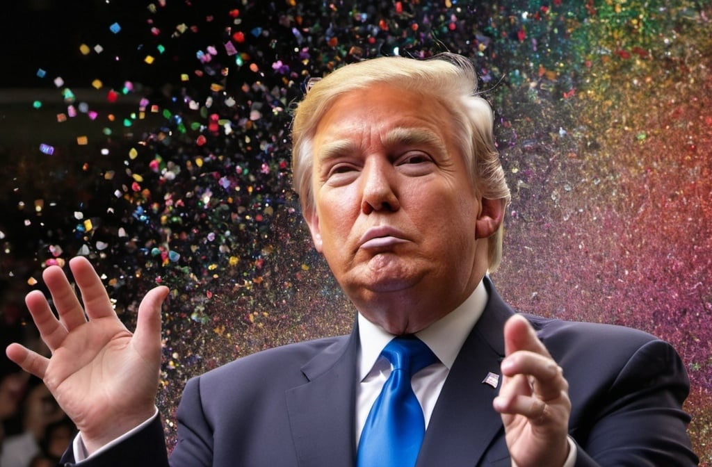 Prompt: Donald Trump throwing up rainbow glitter