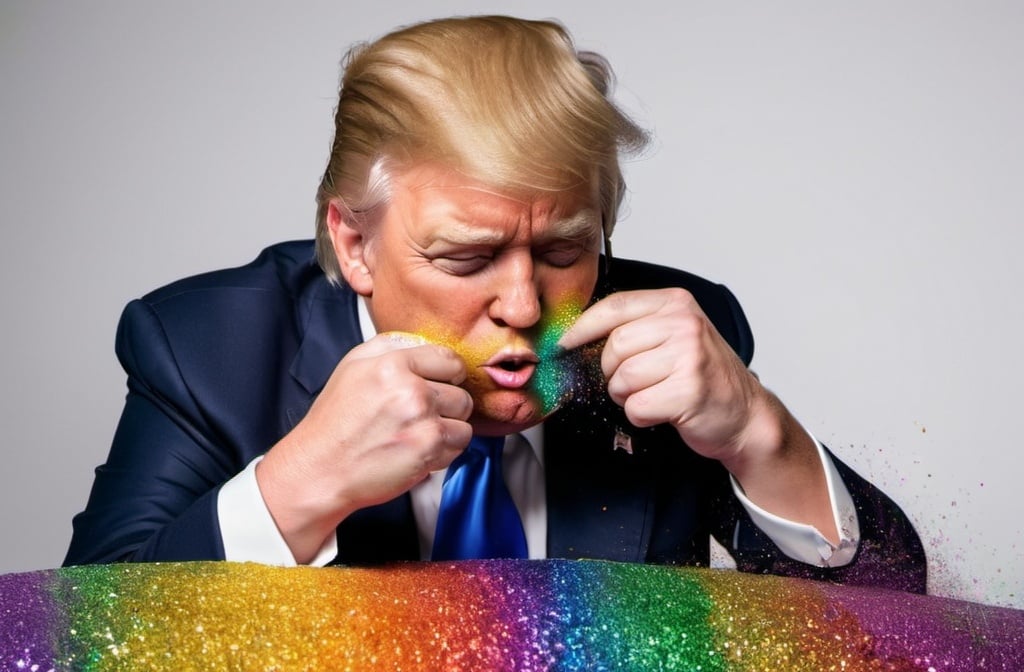 Prompt: Donald Trump puking up rainbow glitter
