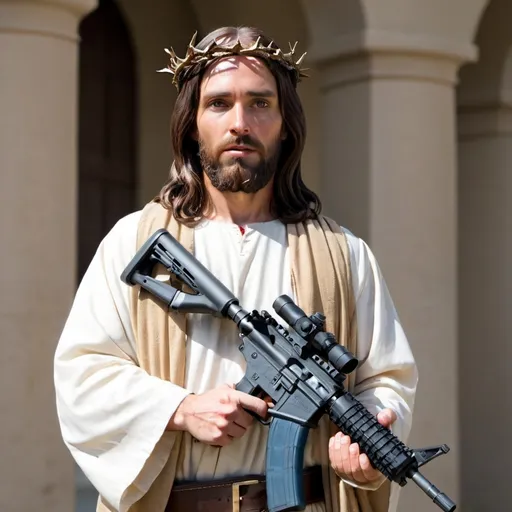 Prompt: Jesus holding AR-15